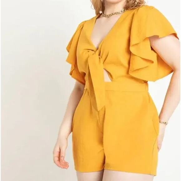 Eloquii Tie Bodice Romper With Flutter Sleeves in Daffodil women's Plus Size 20 - Picture 3 of 14